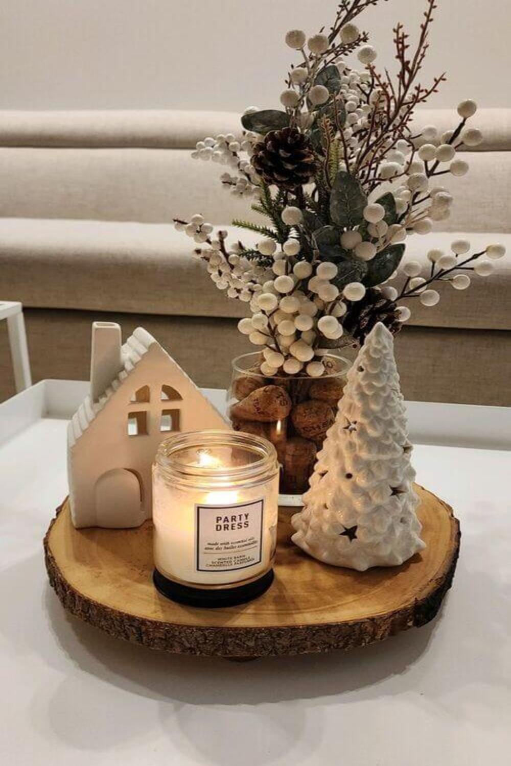 Small holiday decor setup on side table.
